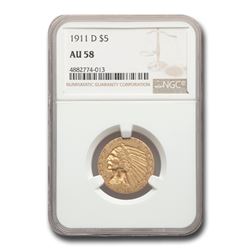 1911-D $5 Indian Gold Half Eagle AU-58 NGC