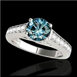 1.55 ctw Intense Blue Diamond Art Deco 3 Stone Ring 18K White Gold