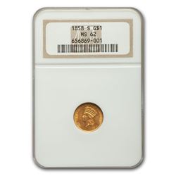 1858-S $1 Indian Head Gold MS-62 NGC