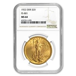 1922 $20 Saint-Gaudens Gold Double Eagle MS-64 NGC (DDR FS-801)