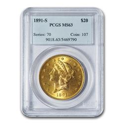 1891-S $20 Liberty Gold Double Eagle MS-63 PCGS