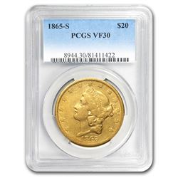 1865-S $20 Liberty Gold Double Eagle VF-30 PCGS