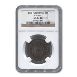 1890 Puerto Rico Copper 10 Centimos MS-64 NGC (RB)