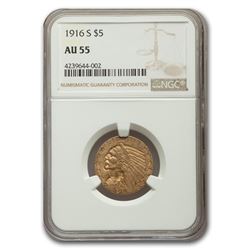1916-S $5 Indian Gold Half Eagle AU-55 NGC