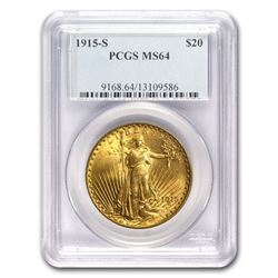 1915-S $20 Saint-Gaudens Gold Double Eagle MS-64 PCGS