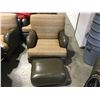 Image 2 : COMFY EASY CHAIR - NEUTRAL TONE WITH GOLD FLECKS WITH OTTOMAN. LEATHER AND FABRIC. THESE CHAIRS WERE