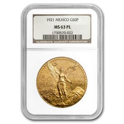 1921 Mexico Gold 50 Pesos MS-63 PL NGC