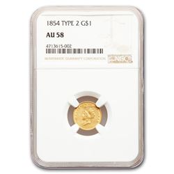 1854 $1 Indian Head Gold Type-II AU-58 NGC