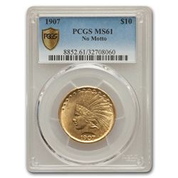 1907 $10 Indian Gold Eagle No Motto MS-61 PCGS