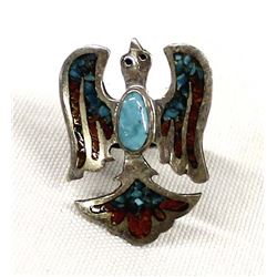 Navajo Sterling Inlay Peyote Bird Ring, Size 6.5