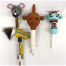 3 Hopi Ceremonial Gourd Dance Rattles & 1 Kachina