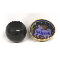 Huichol Beaded Gourd Bowl & San Ildefonso Pottery