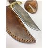 Image 3 : 11 1/2" Inlaid Wood Handle Damascus Hunting Knife With Stitched Leather Sheath