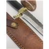 Image 3 : 11 1/2" Inlaid Wood & Brass Handle Damascus Hunting Knife With Stitched Leather Sheath