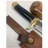 Image 4 : 11 1/2" Inlaid Wood & Brass Handle Damascus Hunting Knife With Stitched Leather Sheath