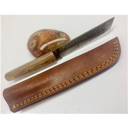 9" Inlaid Bone Handle Damascus Shive With Stitched Leather Sheath