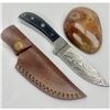 Image 1 : 7 1/2" Black Wood Handled Damascus Hunting Knife With Stitched Leather Sheath