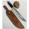 Image 1 : 11 1/2" Inlaid Wood & Brass Handle Damascus Hunting Knife With Stitched Leather Sheath