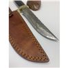 Image 2 : 11 1/2" Inlaid Wood & Brass Handle Damascus Hunting Knife With Stitched Leather Sheath