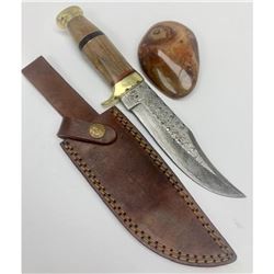 11" Inlaid Bone Handle Damascus Hunting Knife With Stitched Leather Sheath