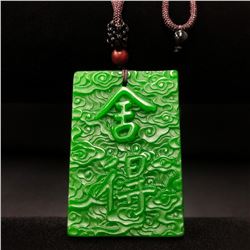 Hand Carved Asian Green Jade Pendant On Necklace
