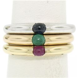 14K Tri Color Gold 3 Stackable Tension Set Emerald Sapphire Ruby Solitaire Rings