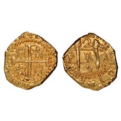 Cuzco, Peru, cob 2 escudos, 1698M, NGC MS 64, ex-1715 Fleet (designated on special label).