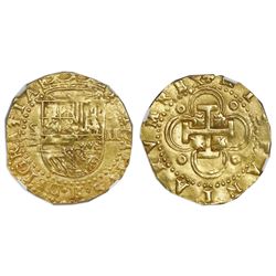 Seville, Spain, cob 2 escudos, Philip II, assayer Gothic D below mintmark S to left, with king's ord