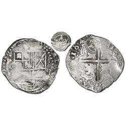 Potosi, Bolivia, cob 8 reales, 1649(O), with crowned-L countermark on cross.