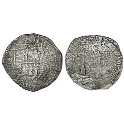 Potosi, Bolivia, cob 8 reales, 1654E, dot-PH-dot at top, denomination 8 above cross.