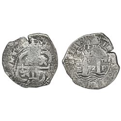 Potosi, Bolivia, cob 8 reales, 1652E, post-transitional (Type VIII/B), 1-PH-6 at top.