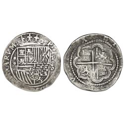 Lima, Peru, cob 4 reales, Philip II, assayer Diego de la Torre, *-oiiii to left, P-oD to right.