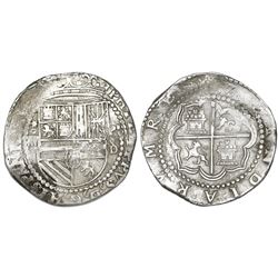 Lima, Peru, cob 4 reales, Philip II, Diego de la Torre, *-oiiii to left, P-oD/X to right, very rare.