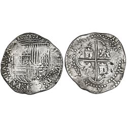 Potosi, Bolivia, cob 8 reales, Philip II, assayer B (3rd period).