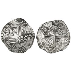 Potosi, Bolivia, cob 8 reales, Philip II, assayer B (late 4th period).