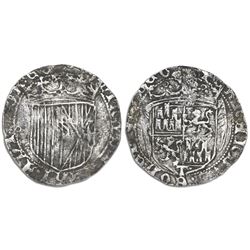 Toledo, Spain, 1 real, Ferdinand-Isabel, pre-1497 design, mintmark T at bottom on obverse, o-o flank