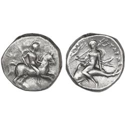 Calabria, Tarentum, AR didrachm, ca. 240-228 BC, Olympis, magistrate, "boy on dolphin," NGC Ch XF /