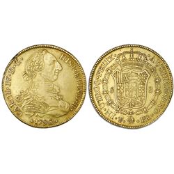 Potosi, Bolivia, gold bust 8 escudos, Charles IV transitional (bust of Charles III, ordinal IV/III),