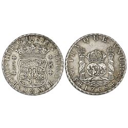 Potosi, Bolivia, pillar 8 reales, Charles III, 1768JR, hooked 6, dot after king's name, six-petal ro