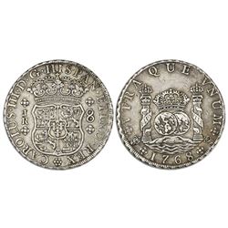 Potosi, Bolivia, pillar 8 reales, Charles III, 1768JR, hooked 6, dot after king's name, six-petal ro