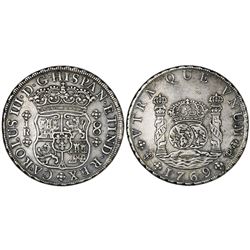 Potosi, Bolivia, pillar 8 reales, Charles III, 1769JR (curved 9), no dot after king's name, four-pet