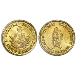 Potosi, Bolivia, gold medallic 1 scudo, 1840, Velasco, rare, PCGS AU details / scratch, ex-Whittier