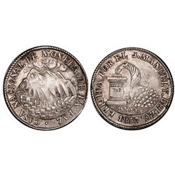 La Paz, Bolivia, medallic 2 soles, 1853, Belzu / mountains / cornucopia, coin axis, PCGS AU58, ex-Wh