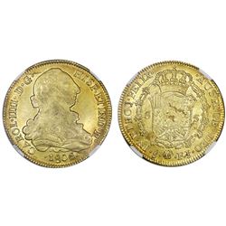 Santiago, Chile, gold bust 8 escudos, Charles IV (bust of Charles III), 1806/5FJ, NGC AU 58.