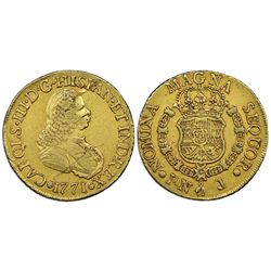 Popayan, Colombia, gold bust 8 escudos, Charles III (bust of Ferdinand VI), 1771J, NGC VF 30.