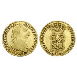 Bogota, Colombia, gold 2 escudos, Charles III, 1765JV, rare.