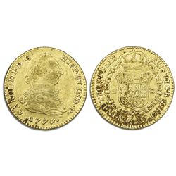 Bogota, Colombia, gold bust 2 escudos, Charles III, 1777/6JJ.