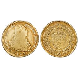Popayan, Colombia, gold bust 2 escudos, Charles IV, 1802JF, no overdate, very rare.