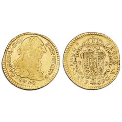 Popayan, Colombia, gold bust 1 escudo, Charles IV transitional (bust of Charles III, ordinal IV/III)