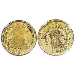 Popayan, Colombia, gold bust 1 escudo, Charles IV transitional (bust of Charles III, ordinal IV/III)